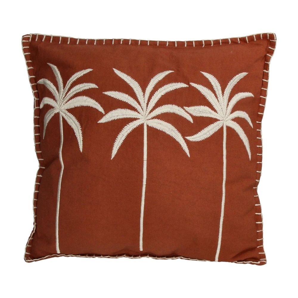 Kissen in Quadratischer Form in Rost Farbe und drei gestickten weißen Palmen