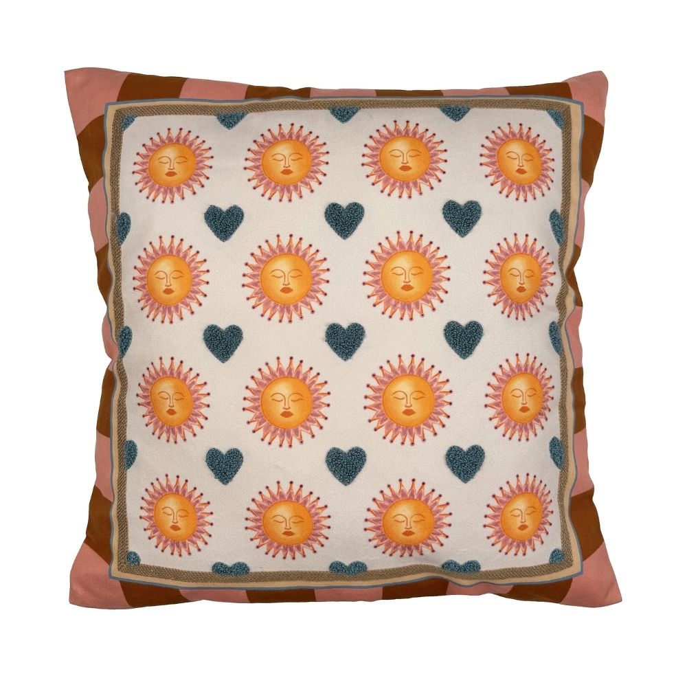Dekokissen mit Sechzehn abgebildeten Sonnen und neun kleinen Türkisen Herzchen dazwischen, Rot und Rosa gestreifter Rand