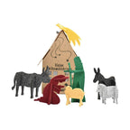 Kleine Weihnachskrippe mit Filzfiguren davor - Esel,Schaf,Baby,Maria,Bulle,Josef,Sternschnuppe