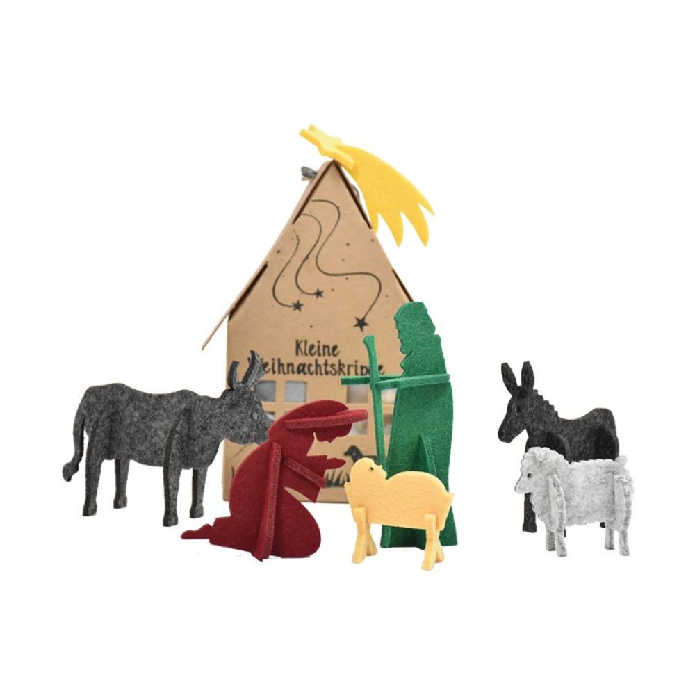 Kleine Weihnachskrippe mit Filzfiguren davor - Esel,Schaf,Baby,Maria,Bulle,Josef,Sternschnuppe