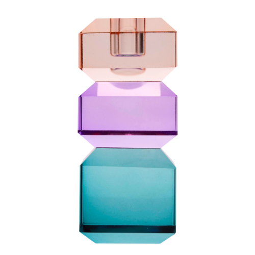 Moderner Dioptrischer Kristall-Kerzenhalter aus farbigem Glas in geometrischem Design mit drei Segmenten in Pfirsich, Violett und Petrol
