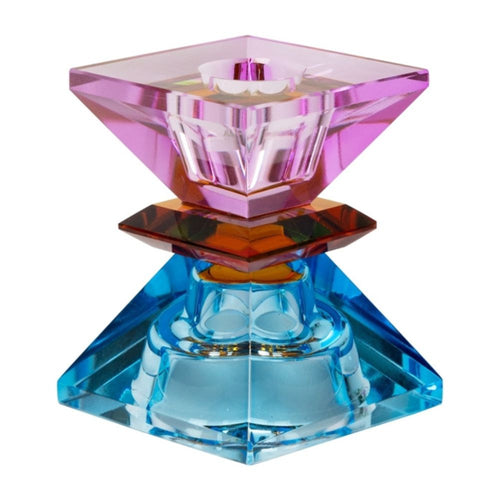 Ein hoher beidseitig verwendbarer Kerzenhalter aus Glas in Violett, Kobolt und Bernstein Kristall-Optik, bestehend aus mehreren geometrischen Flächen. Der Kerzenhalter hat eine moderne, facettierte Optik, die das Licht reflektiert