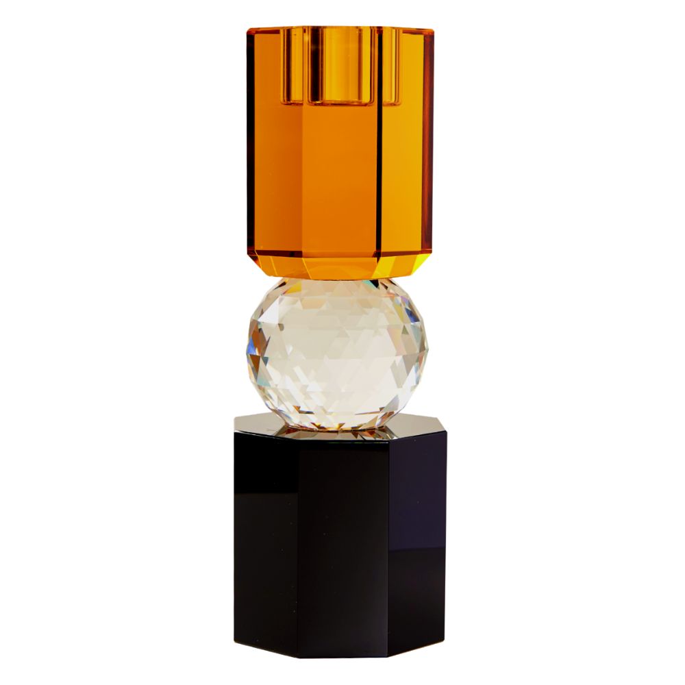 Ein hoher wendbarer Dioptrics Kerzenhalter aus Glas in Schwarz, Klar und Bernstein Kristall-Optik, bestehend aus mehreren geometrischen Flächen. Der Kerzenhalter hat eine moderne, facettierte Optik, die das Licht reflektiert