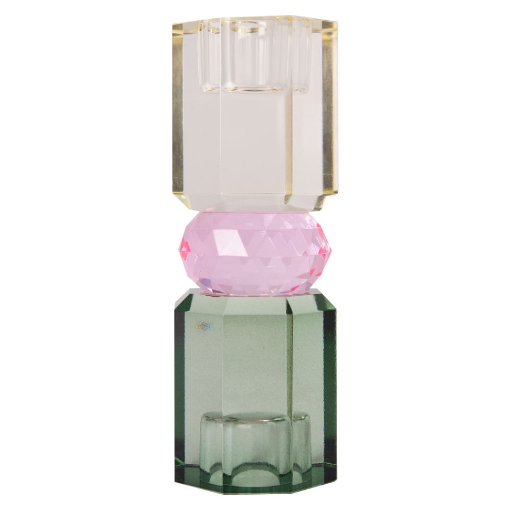 Ein hoher wendbarer Dioptrics Kerzenhalter aus Glas in Butter, Babyrosa und Olive Kristall-Optik, bestehend aus mehreren geometrischen Flächen. Der Kerzenhalter hat eine moderne, facettierte Optik, die das Licht reflektiert, gedreht