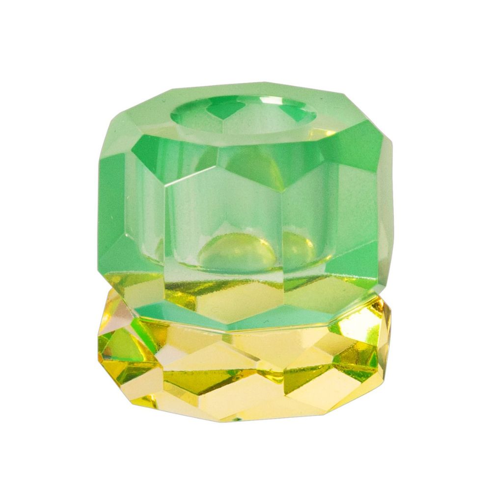 Ein kleiner Dioptrics Kerzenhalter aus Glas in Neon und Opal Kristall-Optik, bestehend aus mehreren geometrischen Flächen. Der Kerzenhalter hat eine moderne, facettierte Optik, die das Licht reflektiert