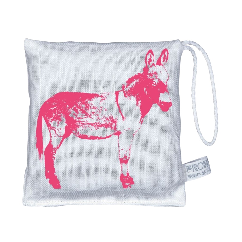 Ein Lavendelkissen mit Pinken Esel als Print von Frohstoffe