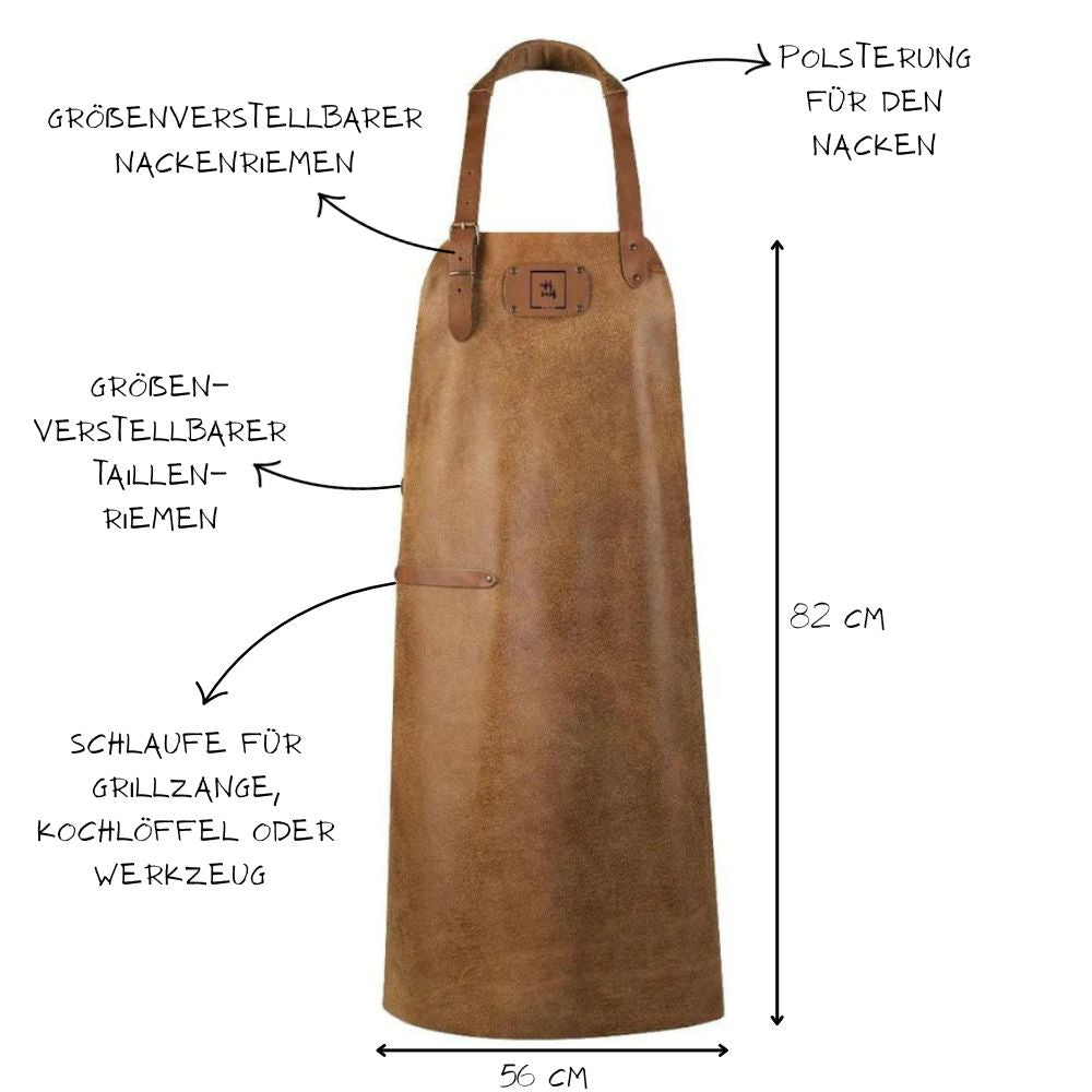 lederschürze warmer sand mit für kunden relevanten informationen über dieschürze und maßen 