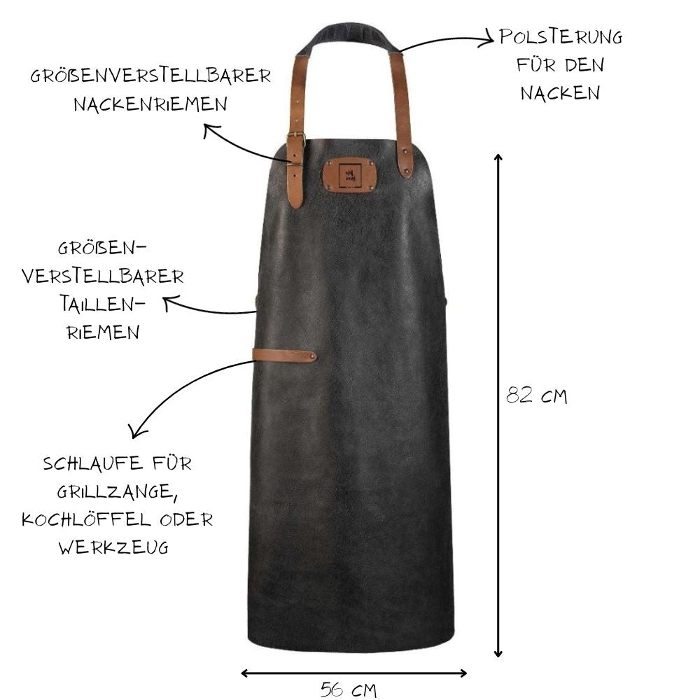 Rustikale Lederschürze schwarz mit braunen verstellbaren Lederriemn als Nacken und Taillenriemen, Verstellbar mit Metallschlaufe, seitliche braune Schlaufe für Grillzange, Küchenhelfer oder Werkezug, 82 cm lang, 56 cm breit