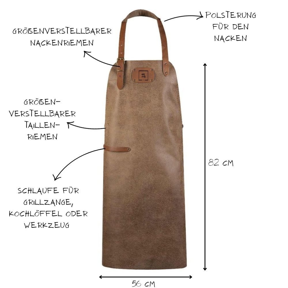 Braune schüurze mit grauem unterton, braune verstellbare gepolsterte Riemen, 82 x 56 cm, seitlich Schalufe für Grillzange oder Werkzeug