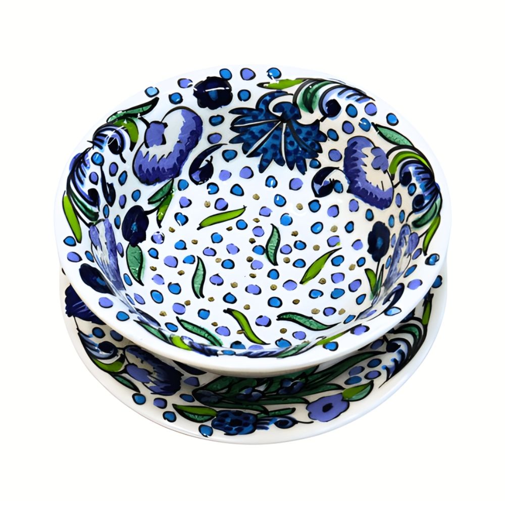 obstschale mit lila blauem blumen muster und grünen blättern, zwei teiliges Set Obstservierschale mit abtropflöchern und unterteller