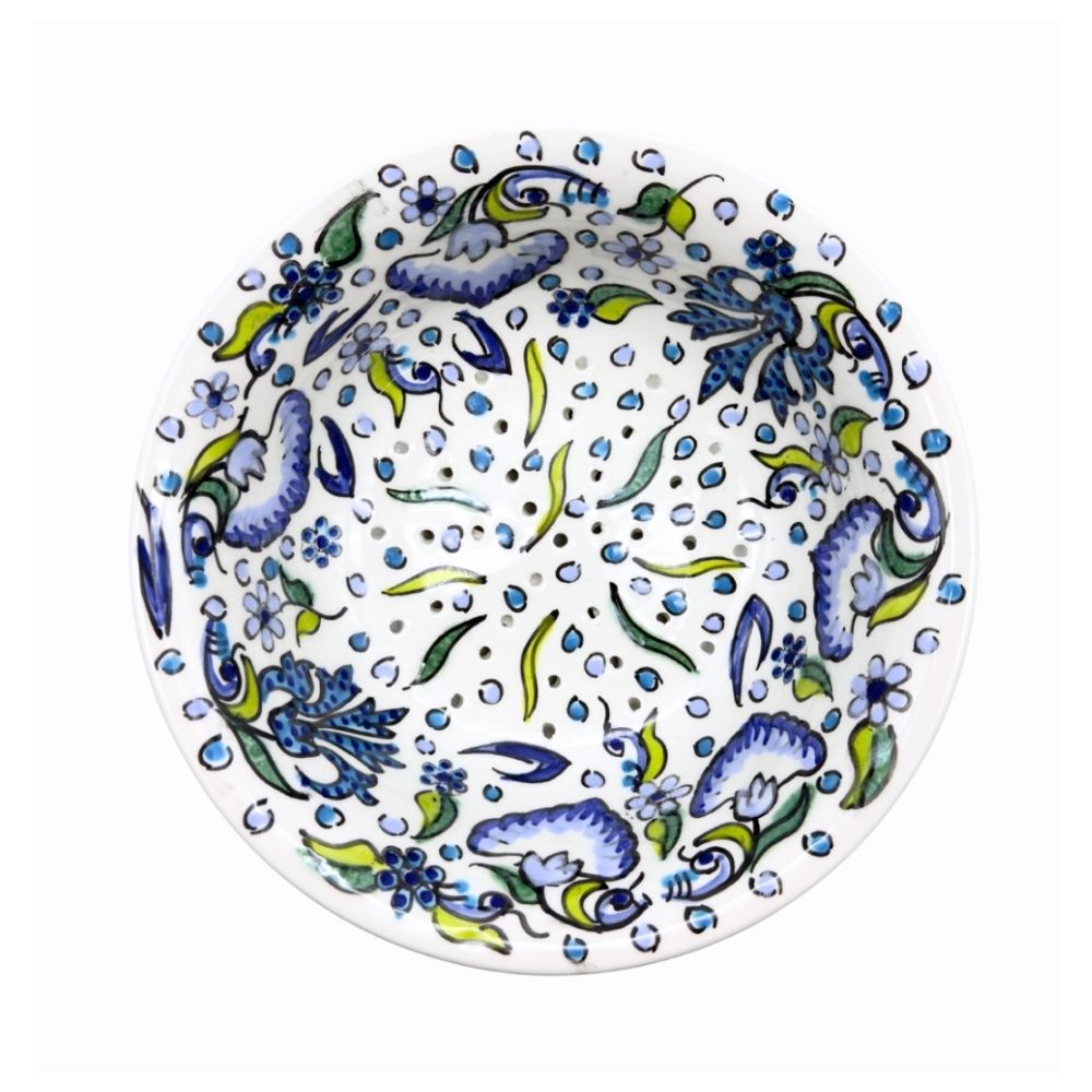 obstschale mit lila blauem blumen muster und grünen blättern, zwei teiliges Set Obstservierschale mit abtropflöchern und unterteller