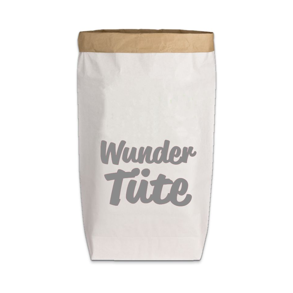 Weiße Stark-Papier Tüte mit der grauen Aufschrift "Wunder Tüte"