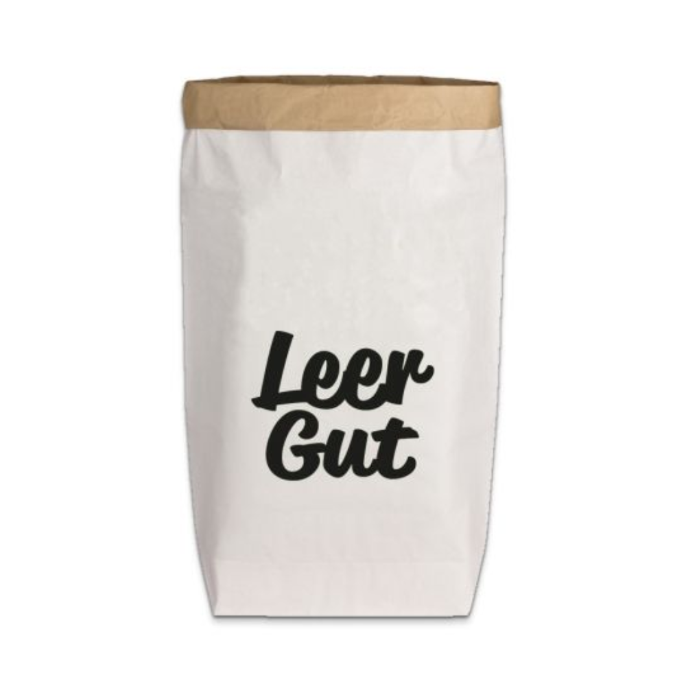 Eine Papiertüte mit dem Slogan ''Leer Gut'' von 17;30