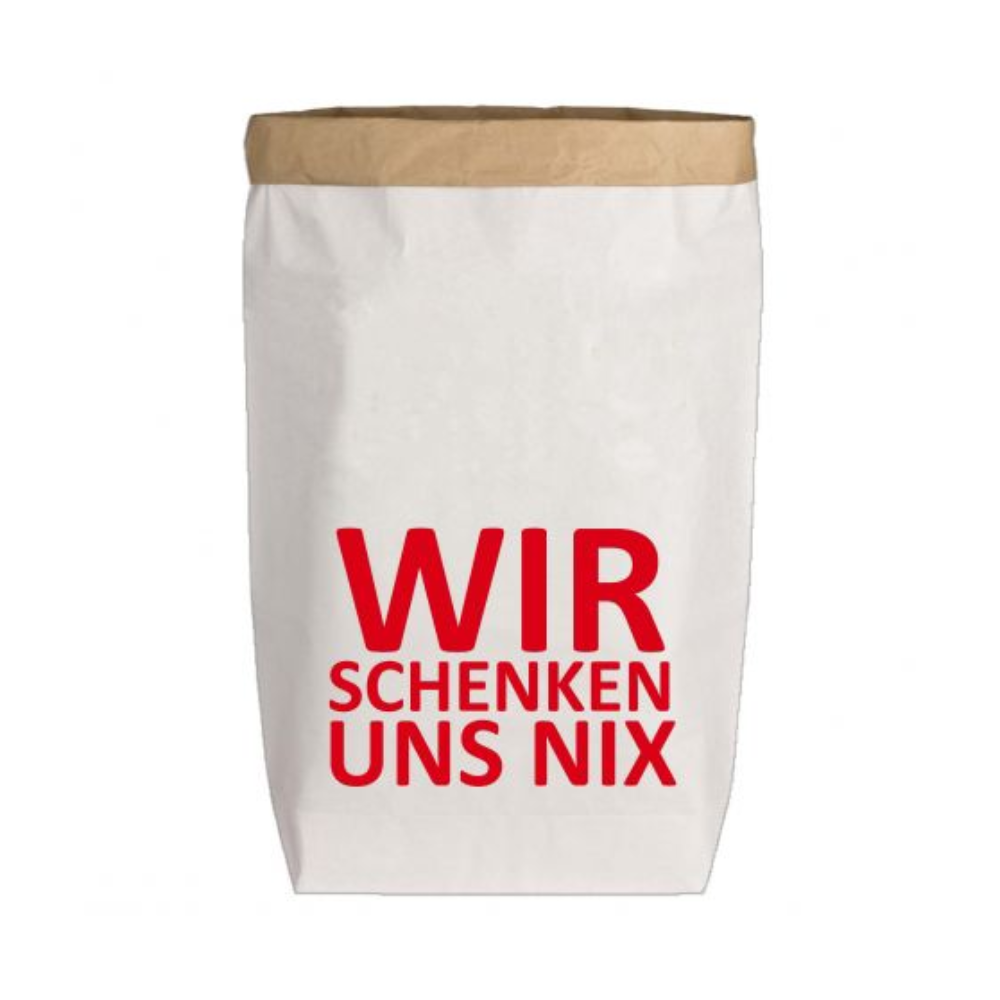 Eine Papiertüte mit Lustigem Slogen ''Wir schenken uns nix'' von 17;30