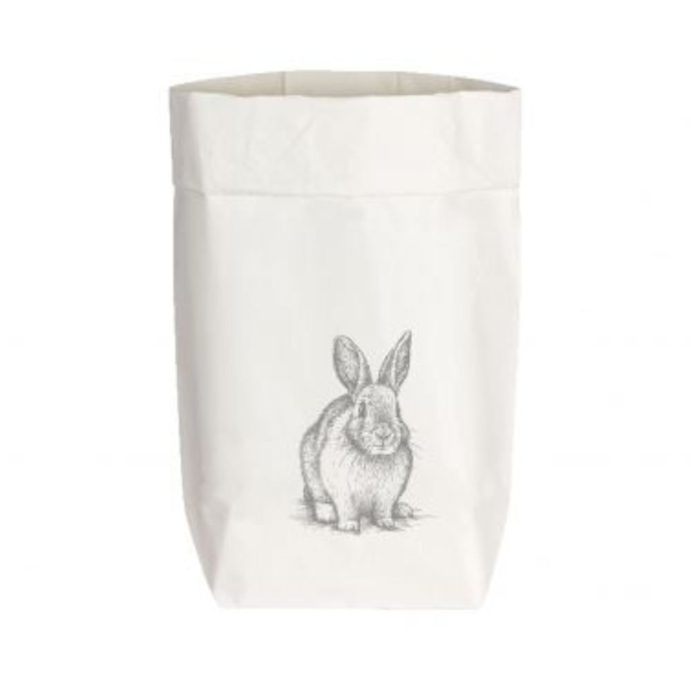 Tüte aus Starkpapier mit kleinem weißen Hasen-Aufdruck, der sitzt