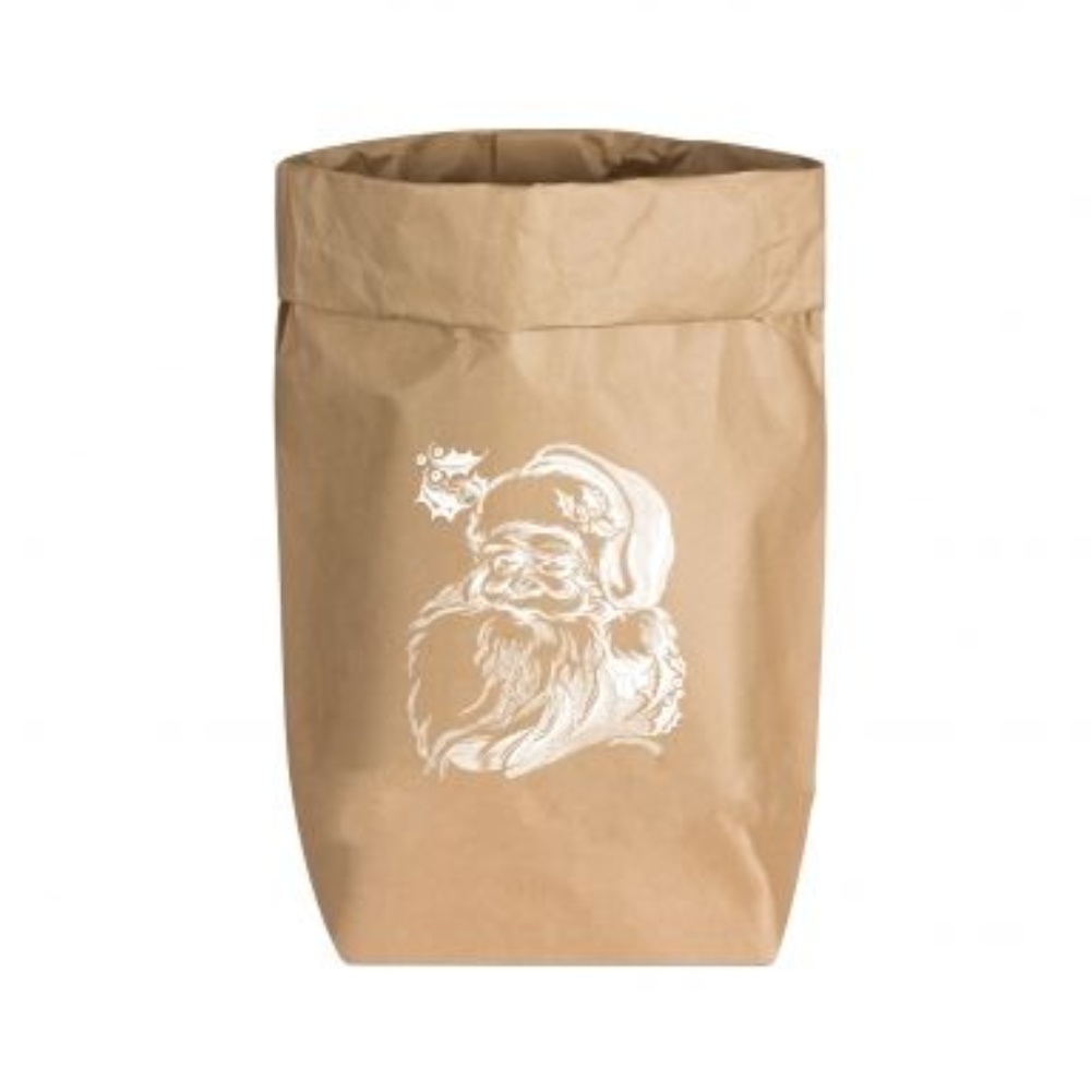 Papiertüte aus Stark-Papier auf der ein Kopf eines Weihnachtmannes mit Bart und Mütze in weiß gedruckt ist