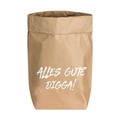 eine braune stark-Papier Tüte mit der weißen Schrift "Alles Gute Digga!"