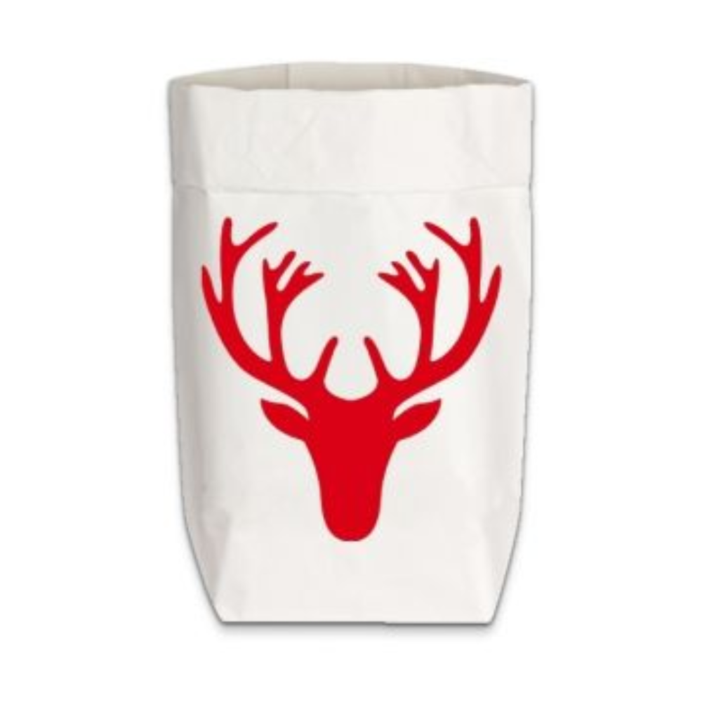 weiße Stark-Papier Tüte mit einen roten aufgedruckten Hirschkopf