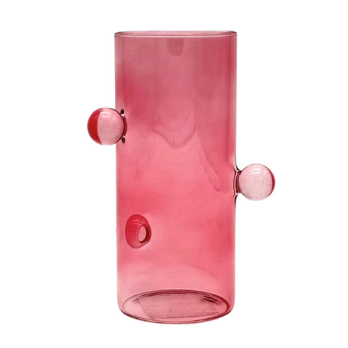 Pinke Deko Vase mit Zylindrischer Form und ein paar glasgeblasenen Blasen, an der Außenseite der Vase