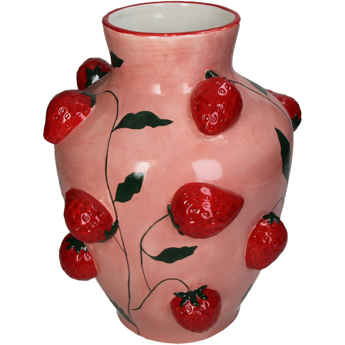 Pinke Deko Vase mit Erdbeer Muster und Beeren, die 3D haptisch an der Außenwand herrausgucken