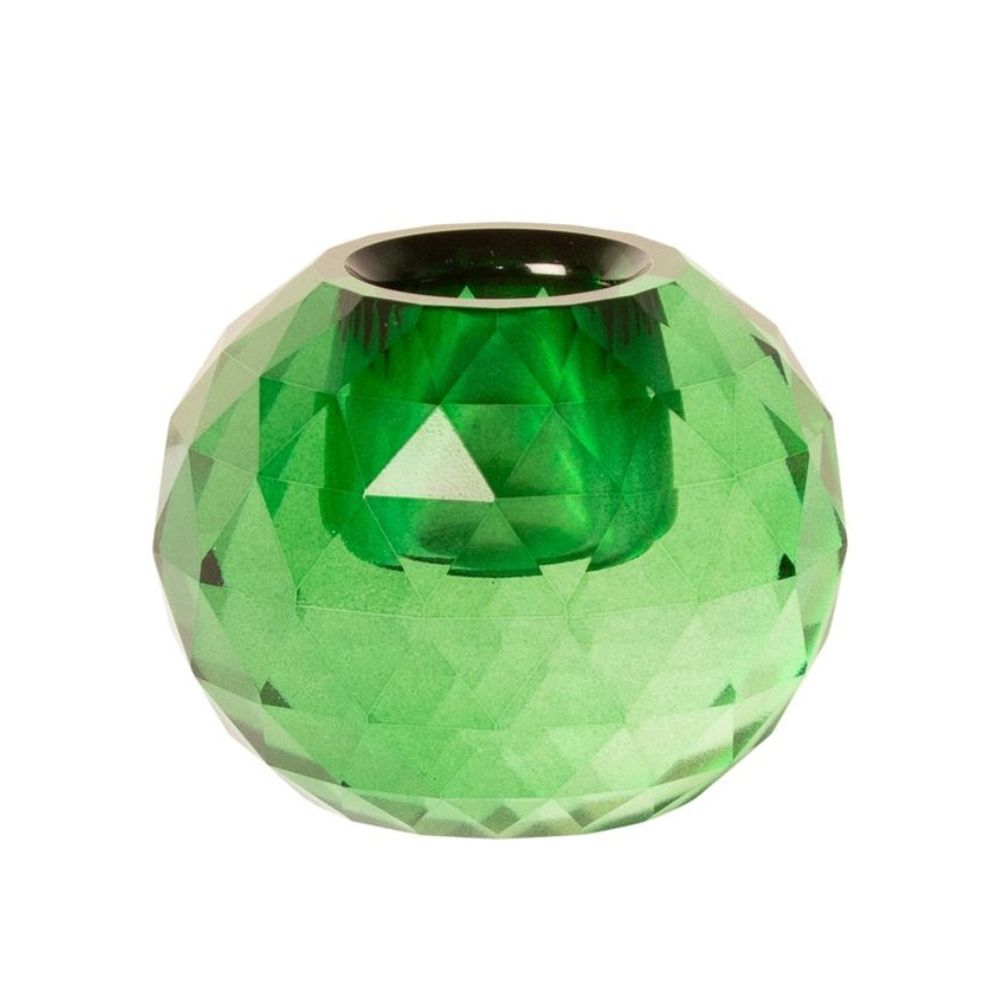 Moderner ründlicher Kristall-Kerzenhalter aus Dunkelgrünem Glas in geometrischem Design