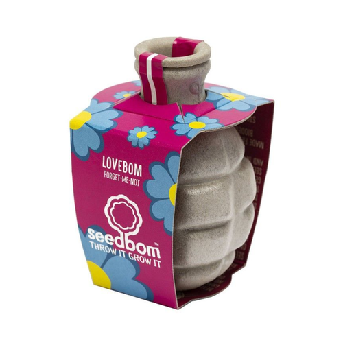 Eine Biologisch abbaubare Verpackung in Form einer Granate mit enthaltenen Blumen-Samen zum werfen "Loveboom"