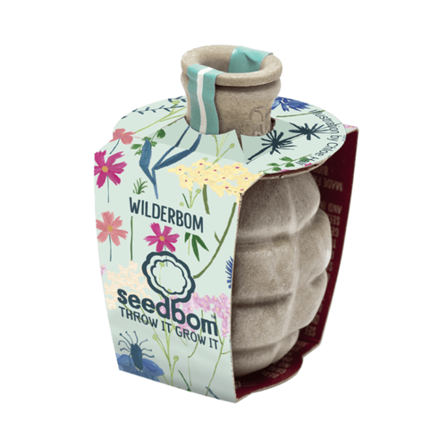 Eine Biologisch abbaubare Verpackung in Form einer Granate mit enthaltenen Blumen-Samen zum werfen