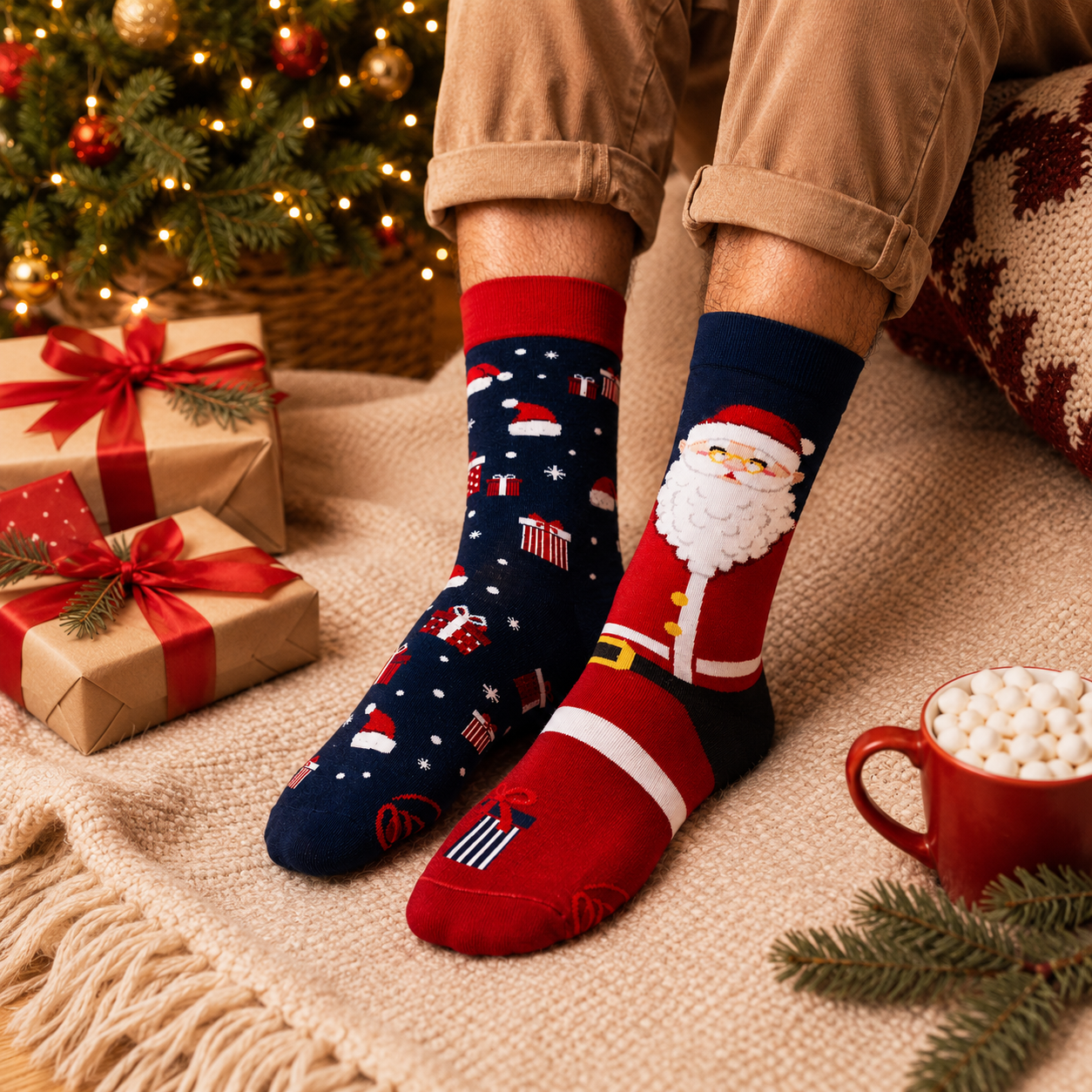 Mismatching Santa Claus motivsocken mit weihnachtlichem Hintergrund