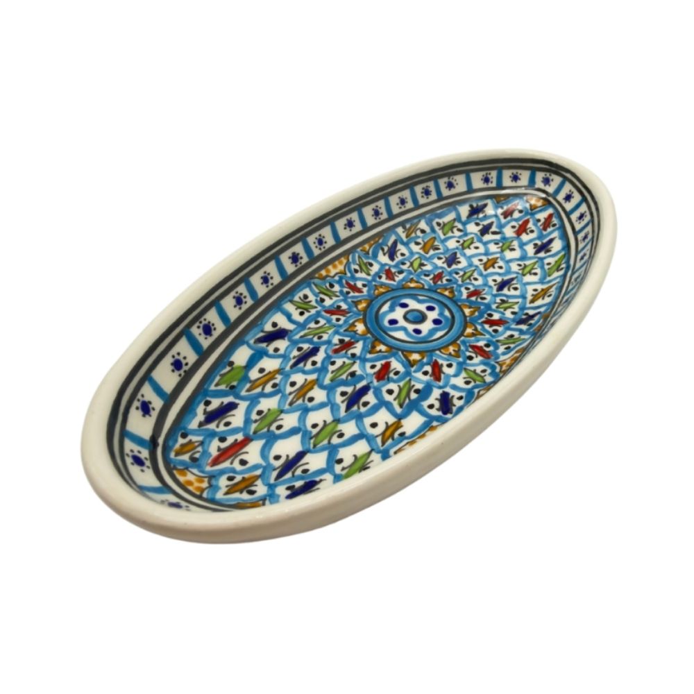 Ovale längliche Keramikschale mit orientalischem buntem Muster, Hauptfarbe türkis