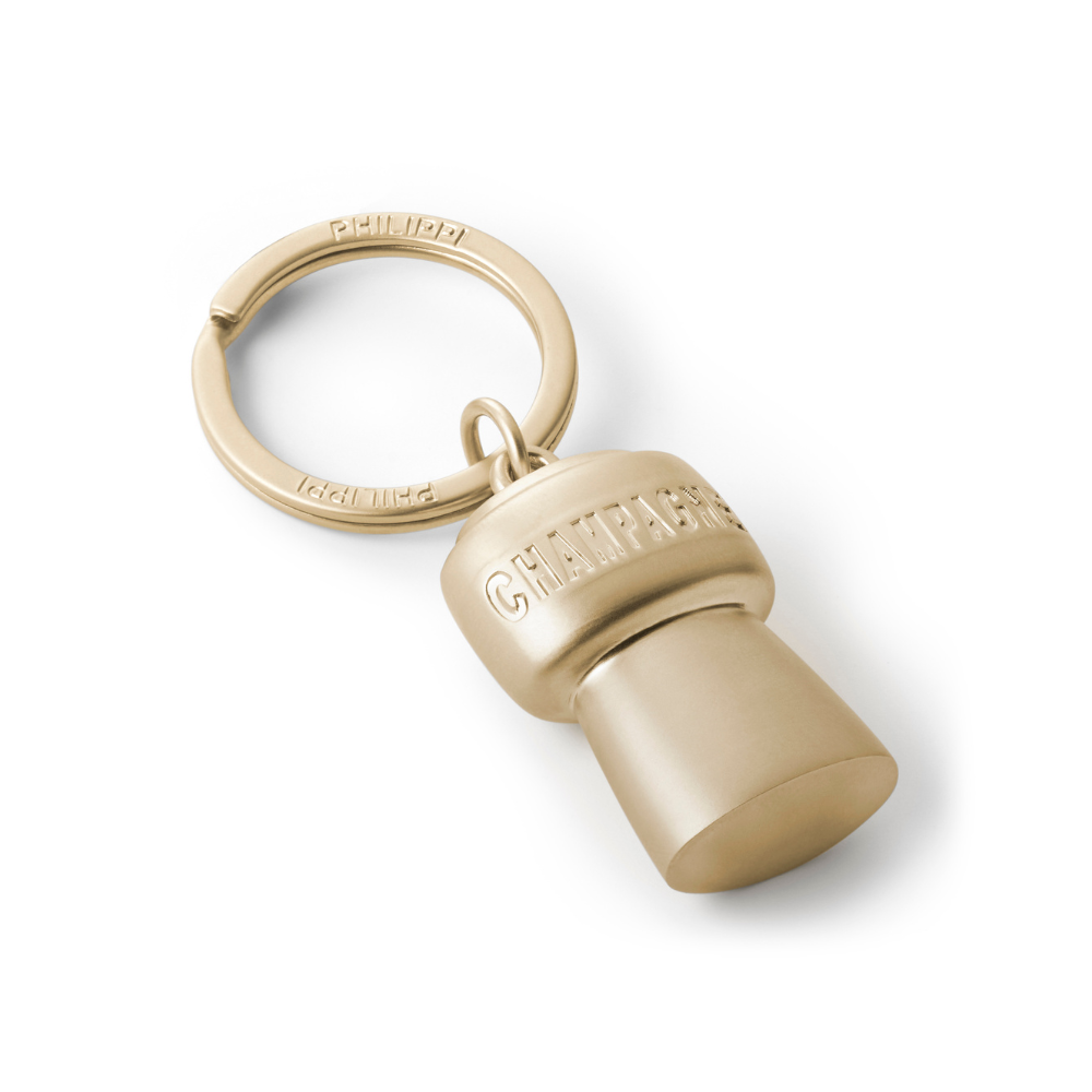 Goldener Schlüsselanhänger Champagner Korken mit Aufschrift CHAMPAGNE, goldener Schlüsselring, hochwertige Verarbeitung, minimalistischer Stil