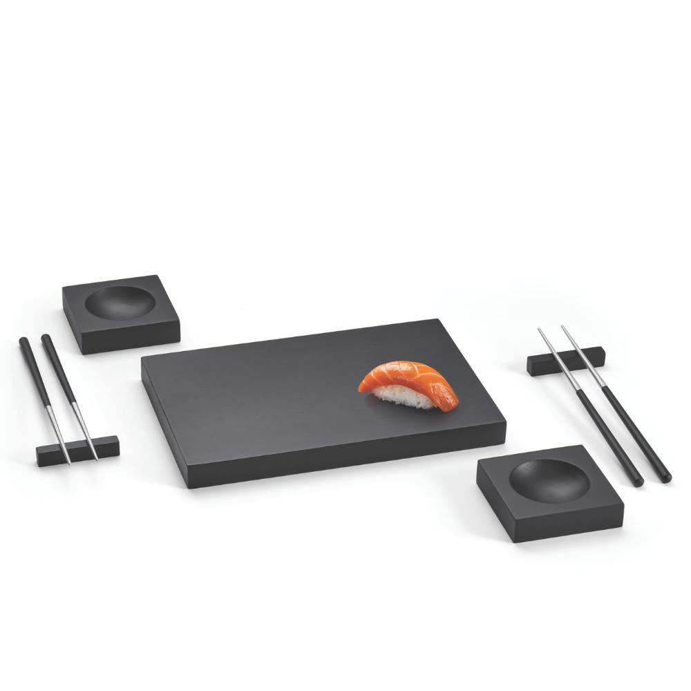 Schwarzes Sushi Set aus schwarz galvanisiertem Edelstahl und Gummibaumholz, 9 Teilig, 1 Sushi Platte zum Servieren, 2 Schälchen für Soßen, 2 Bänkchen für Essstäbchen und 2 Paar Essstäbchen, schwarze matte Optik, Sushi Komplett Set für Zwei Personen