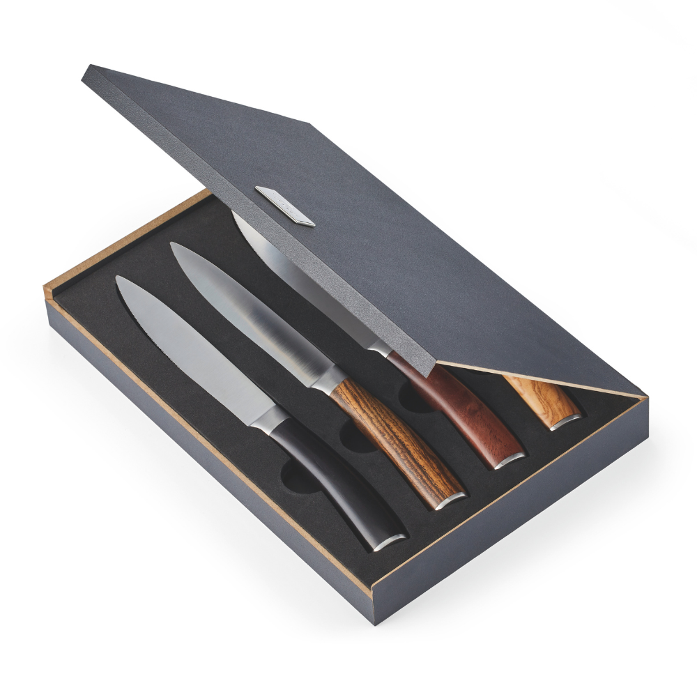 Hochwertiges Steakmesser Set, Edelstahlklingen und Echtholzgriff, 4 Messer in schwarzer Geschenkbox, Griffe aus verschiedenen Holzarten mit verschiedenen Maserungen