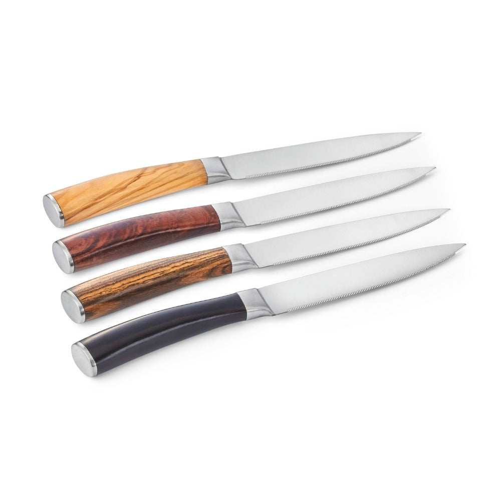 Edles Steakmesser Set, 4 Messer mit scharfen Edelstahlklingen und Echtholzgriffen, verschiedene Holzarten und Maserungen: Ebenholz, Rosenholz, Olivenholz