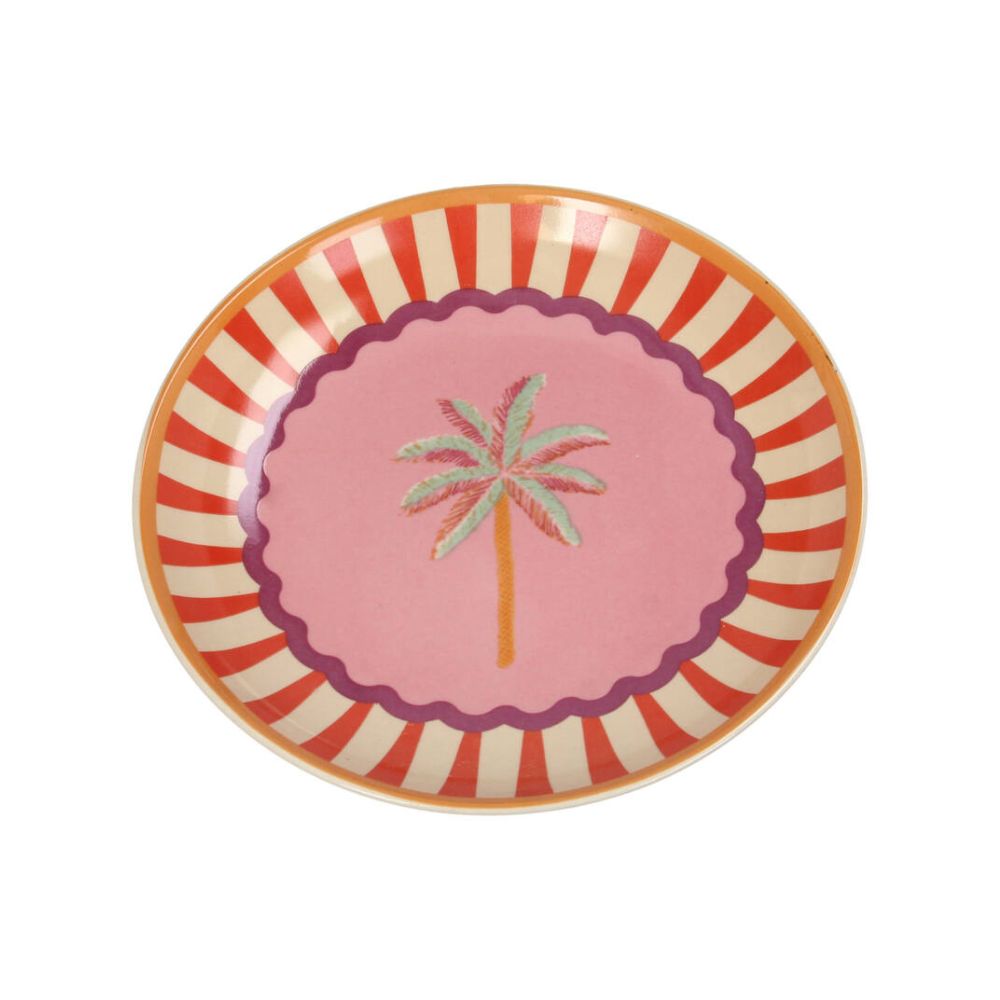 Teller aus Steingut mit 16 cm durchmesser, mitting plamenmotiv in orangen pink und hellem türkis, gläche rosa mit lilanem Rand, dann rot beige gestreifter breter Rand mit orangenm dünnem äußerem Rand