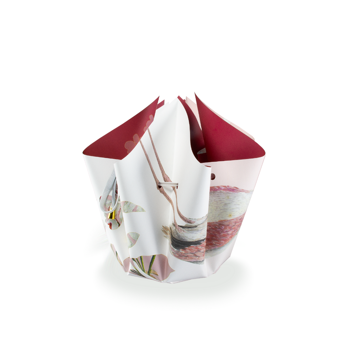 Faltvase mit Weiß/Pinkes Flamingo Design, innenseite rot gefärbt, zusammengehalten mit einem weißen Band