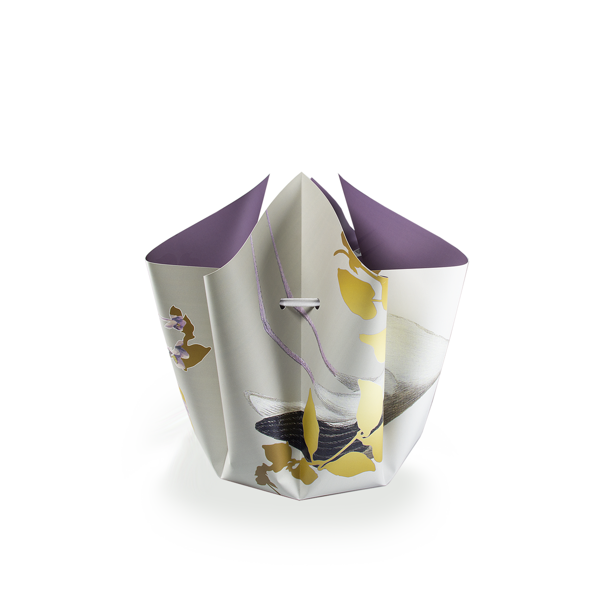 Faltvase mit einem Storch Design in Lila/Weiß/Gold, zusammengebunden mit einer Weißen/Lila Schnurr