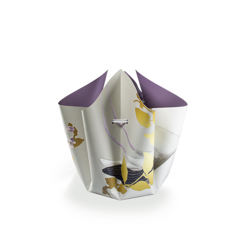 Faltvase mit einem Storch Design in Lila/Weiß/Gold, zusammengebunden mit einer Weißen/Lila Schnurr