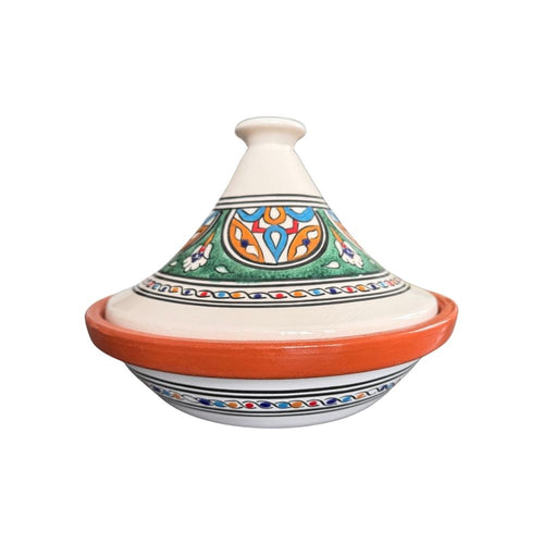 Handbemalte gemusterte Tajine in der einem mediteranen Design mit einem schlanken Deckel in den Farben Grün, Blau, Orange, Rot