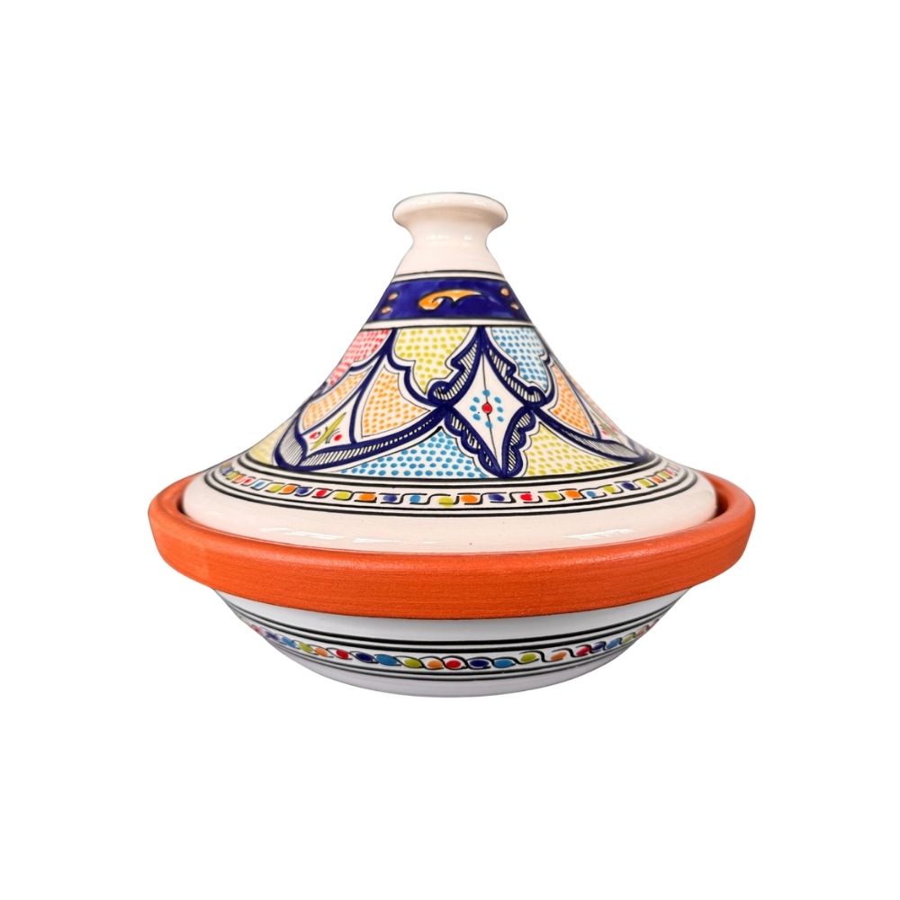 Handbemalte gemusterte Tajine in der einem mediteranen Design mit einem schlanken Deckel in den Farben Blau,weiß
