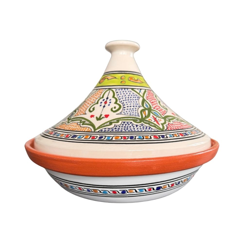 Handbemalte schlanke Tajine in den Farben Grün, Blau, Orange, Rot