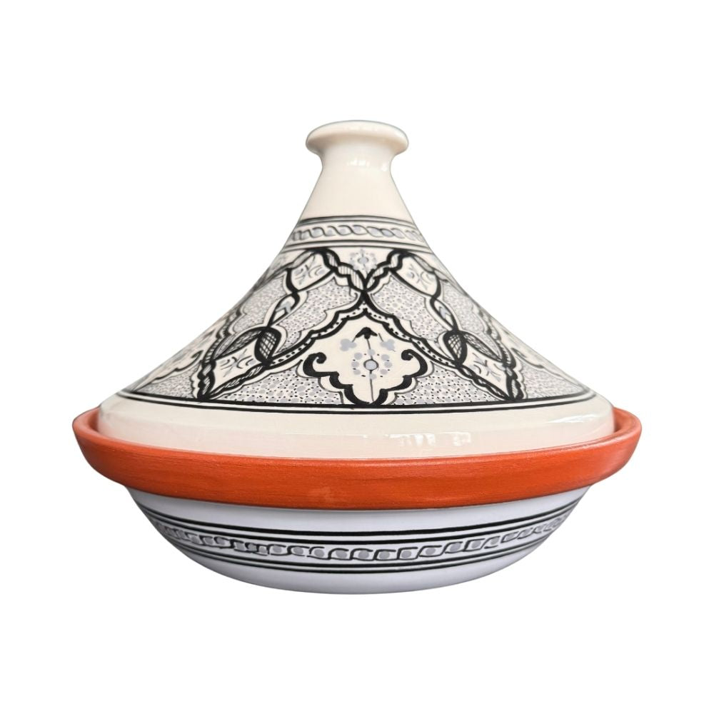 Handbemalte gemusterte Tajine mit einem schlanken Deckel in den Farben Schwarz, weiß