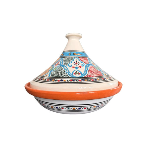 Handbemalte gemusterte Tajine mit schlankem Deckel in der Hauptfrabe Türkis mit dunkelgrünen, roten, und orangenen Verzierungen