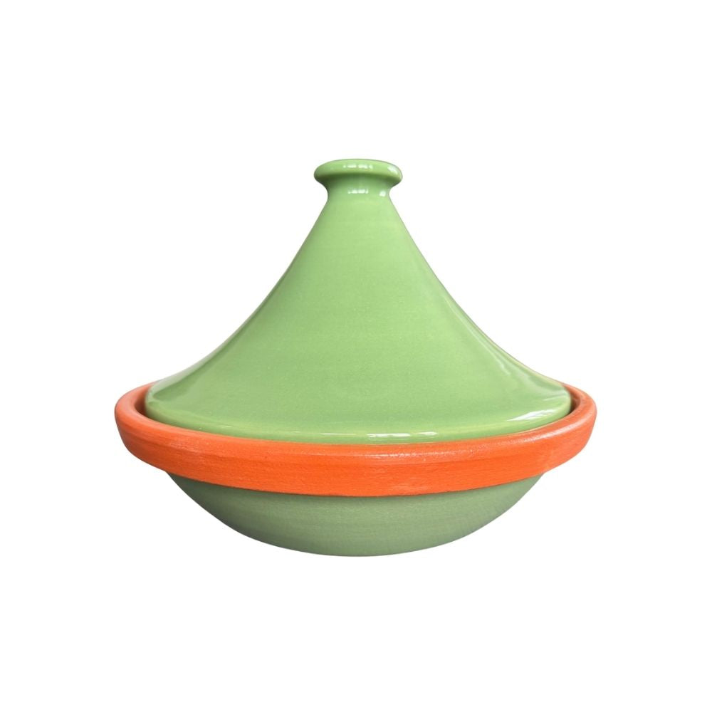 Gemusterte Tajine mit einem schlanken Deckel in den Farben Grün