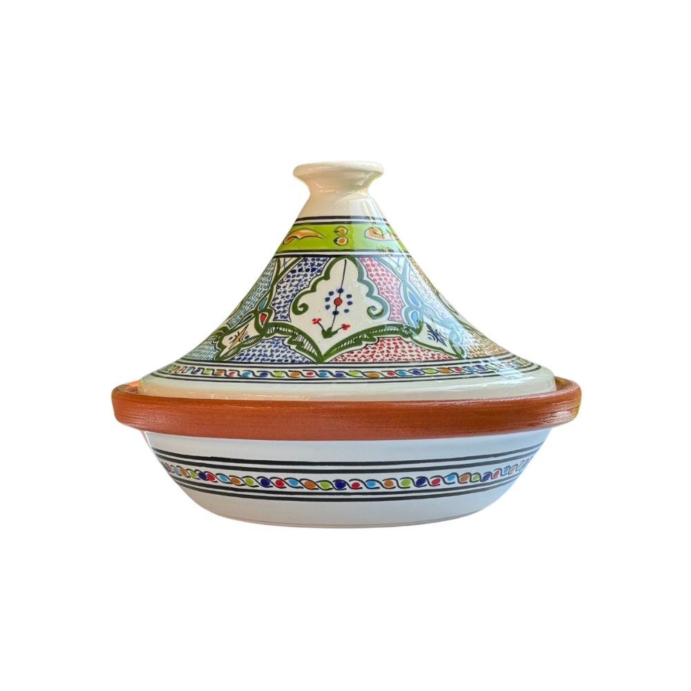 Keramik Tajine in handbemalter grün/Weiß Musterung mit 25cm Durchmesser und schlankem Deckel