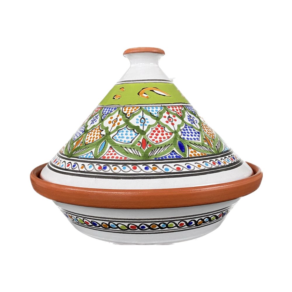 Handbemalte Ton Tajine mit Grün/weißer Musterung und glasierter Schicht