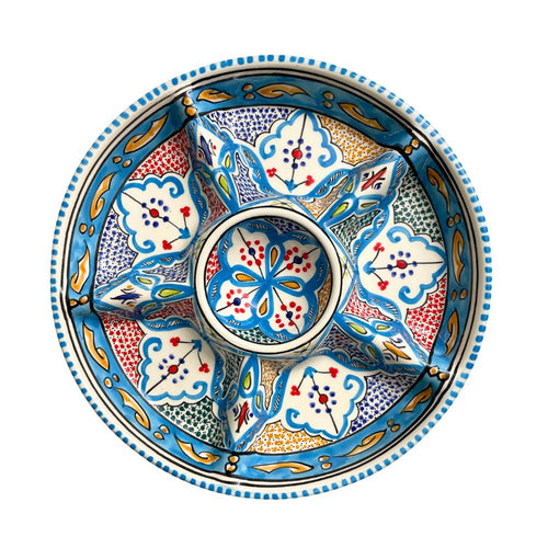 Tapas Teller aus Keramik, bemalt mit bunten geometrischen mediterranen Mustern, hauptfarbe türkis blau