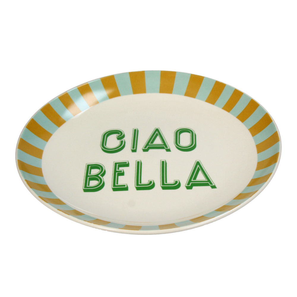 Sand und Hellblau Teller mit der Grünen Schrift "Ciao Bella" in Italienischem Design