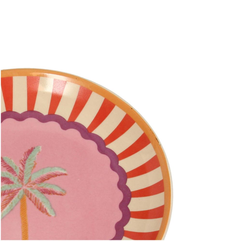 Nahaufnahme von Teller aus Steingut mit 16 cm durchmesser, mitting plamenmotiv in orangen pink und hellem türkis, gläche rosa mit lilanem Rand, dann rot beige gestreifter breter Rand mit orangenm dünnem äußerem Rand