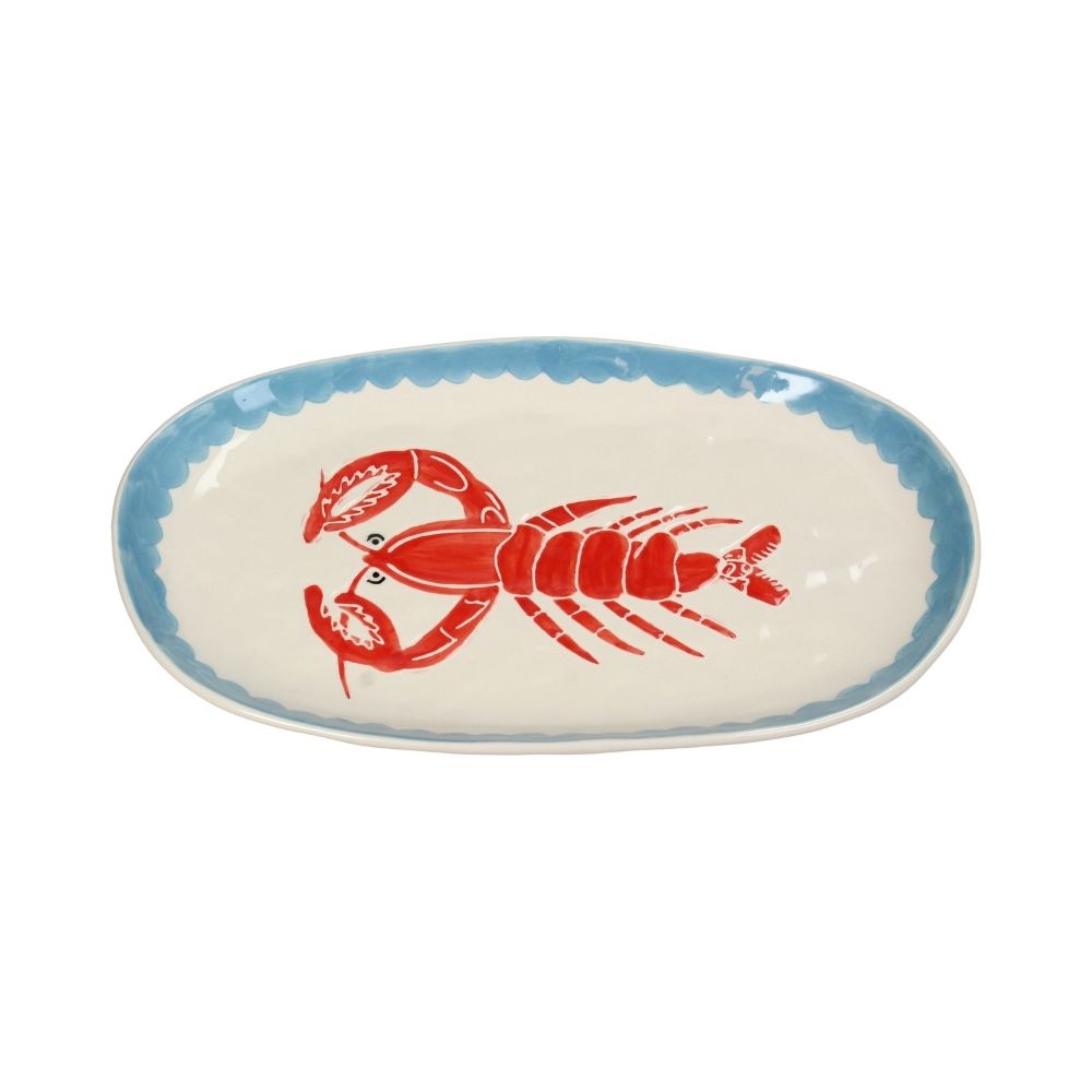 Ovaler Teller mit hellblauem Rand und einer weißen mitte, in der ein Roter Hummer abgebildet ist