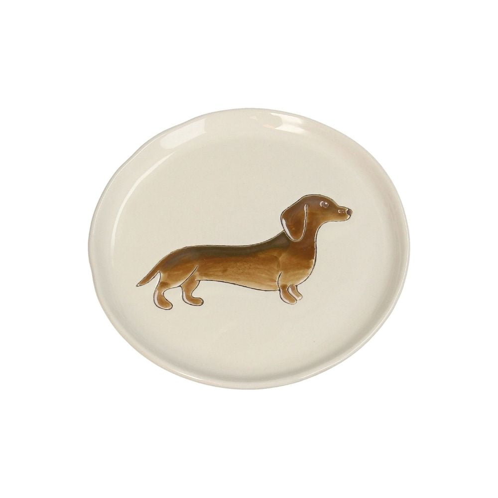 Runder Teller aus Steingut mit beiger, heller Farbgebung, Mittig großes Dackel Motiv in beigen und braunen Farben